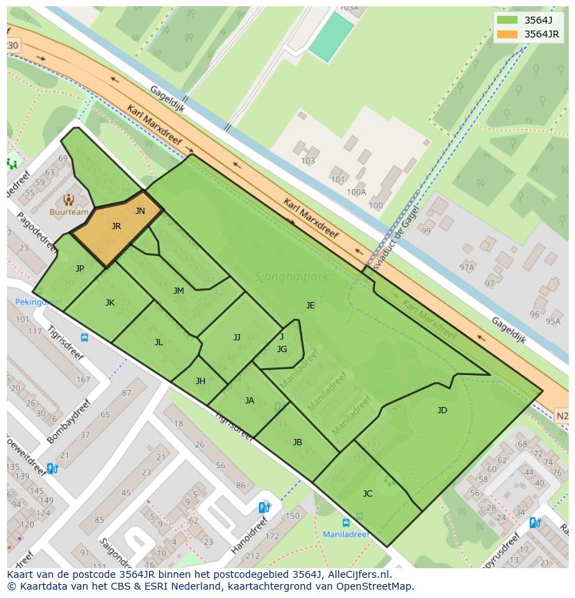Afbeelding van het postcodegebied 3564 JR op de kaart.