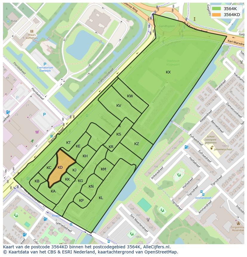 Afbeelding van het postcodegebied 3564 KD op de kaart.