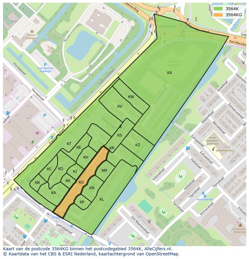 Afbeelding van het postcodegebied 3564 KG op de kaart.
