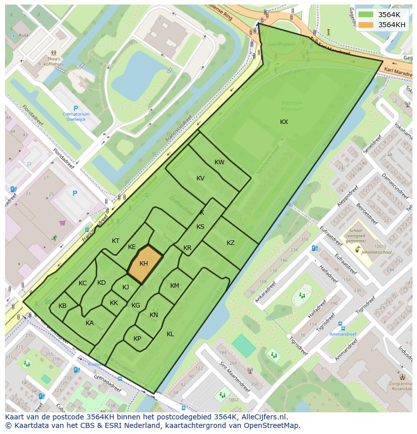 Afbeelding van het postcodegebied 3564 KH op de kaart.