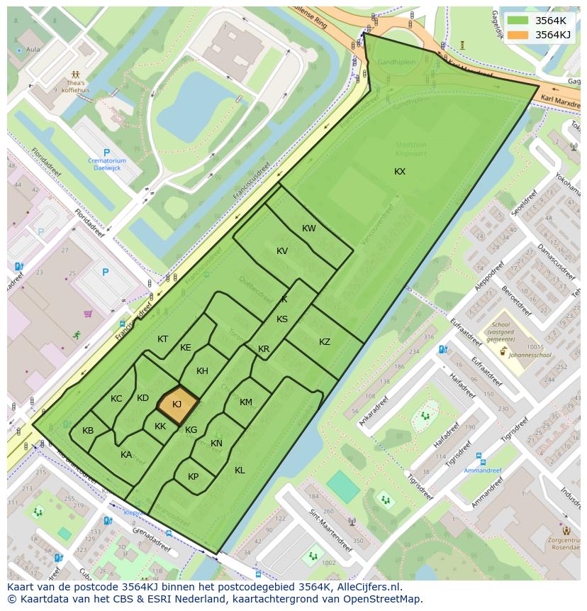 Afbeelding van het postcodegebied 3564 KJ op de kaart.