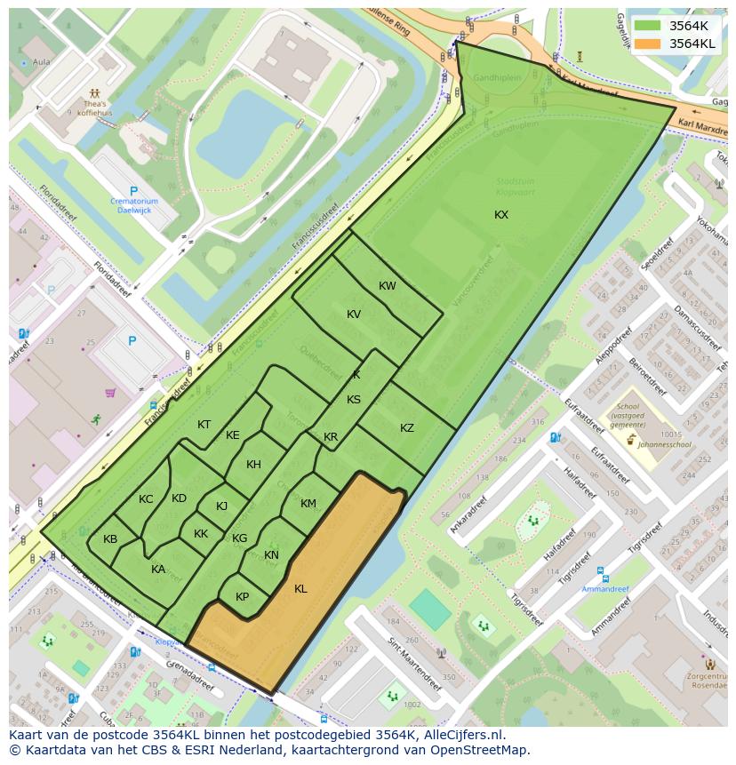 Afbeelding van het postcodegebied 3564 KL op de kaart.