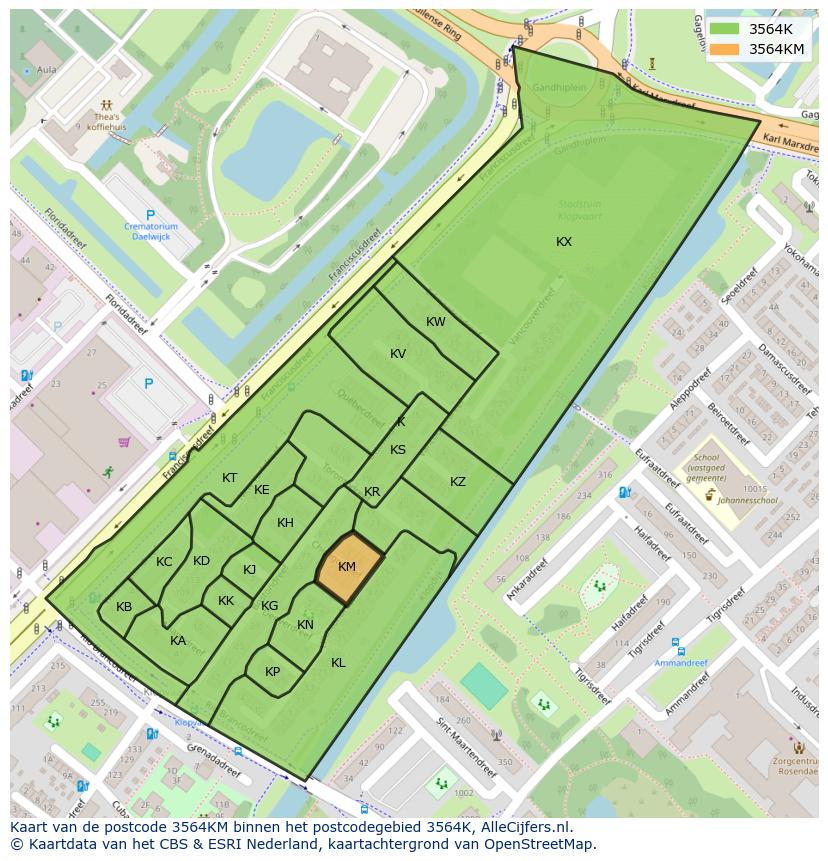 Afbeelding van het postcodegebied 3564 KM op de kaart.
