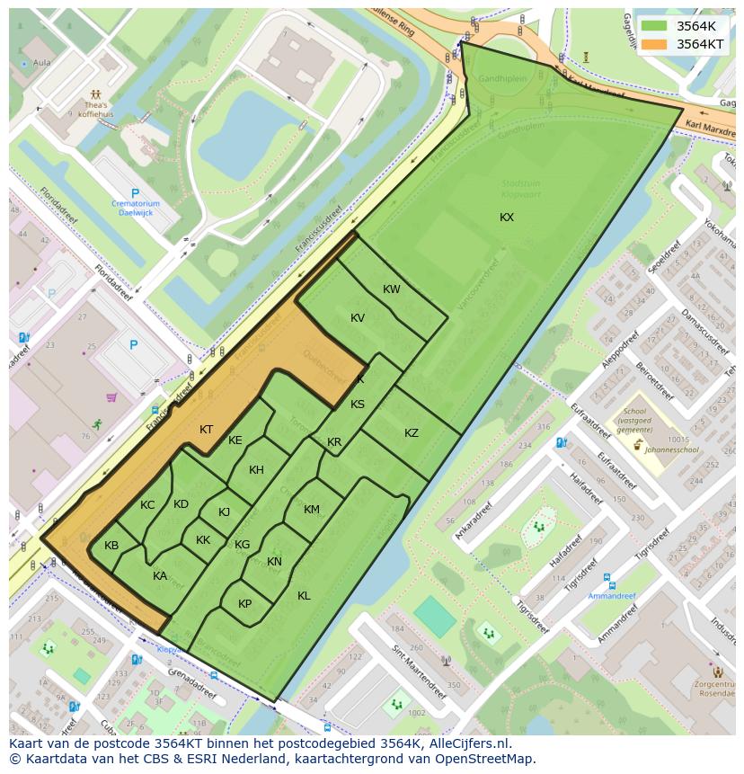 Afbeelding van het postcodegebied 3564 KT op de kaart.