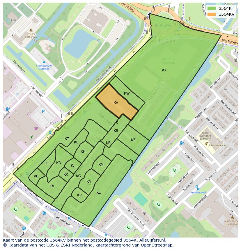 Afbeelding van het postcodegebied 3564 KV op de kaart.