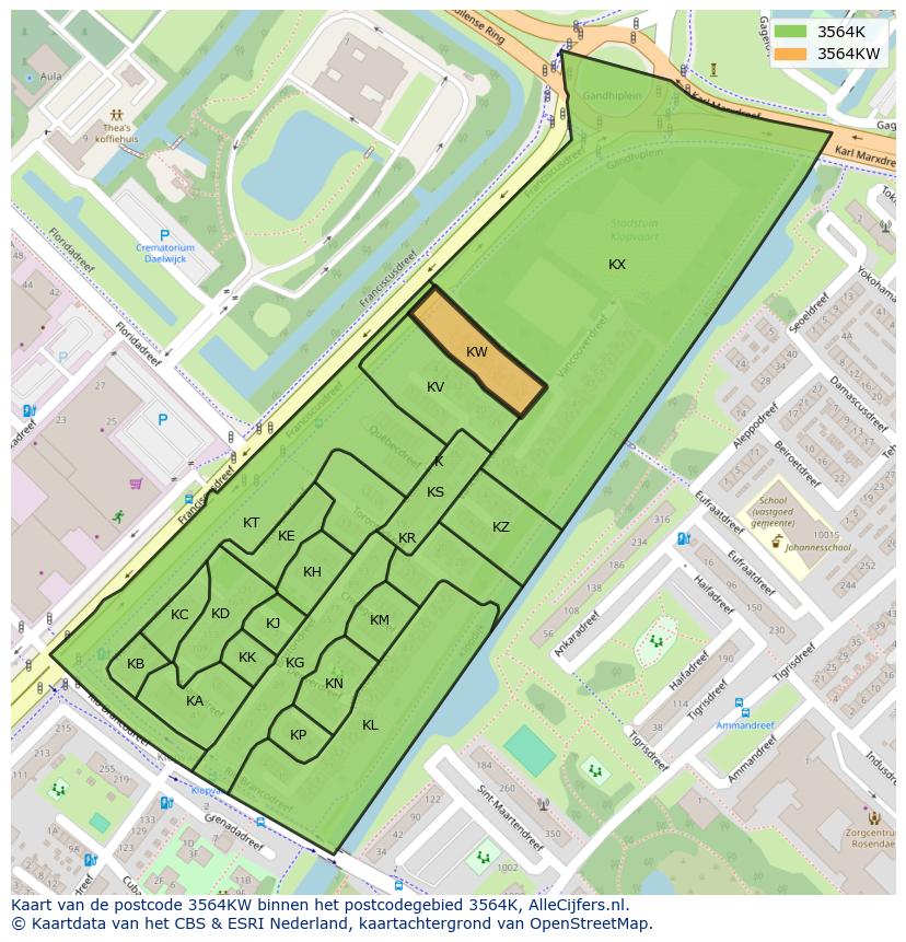 Afbeelding van het postcodegebied 3564 KW op de kaart.