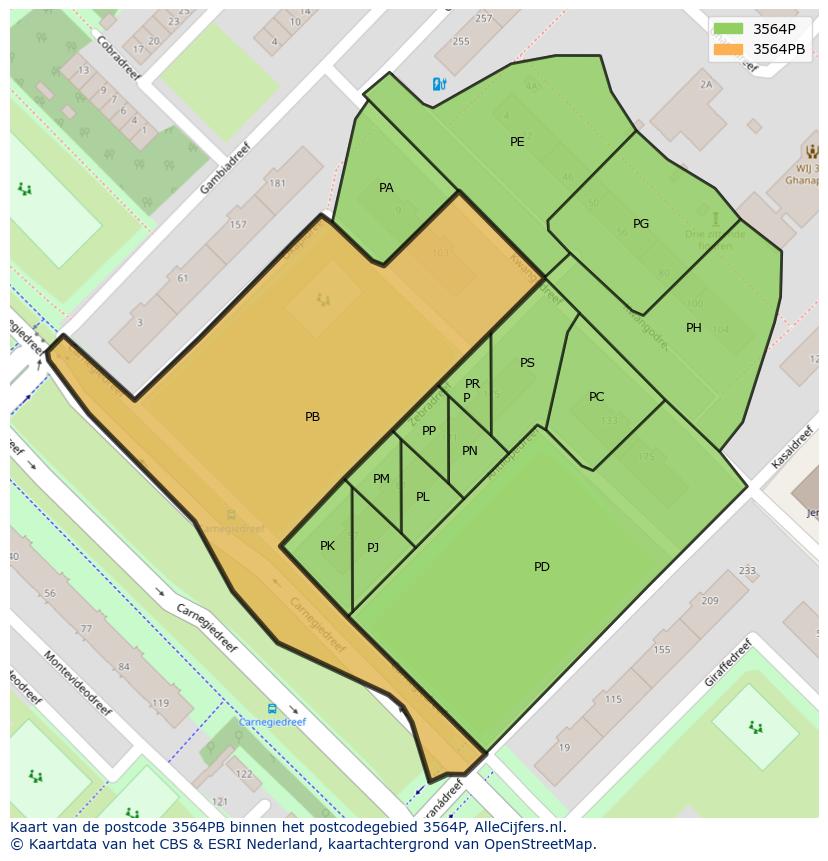 Afbeelding van het postcodegebied 3564 PB op de kaart.