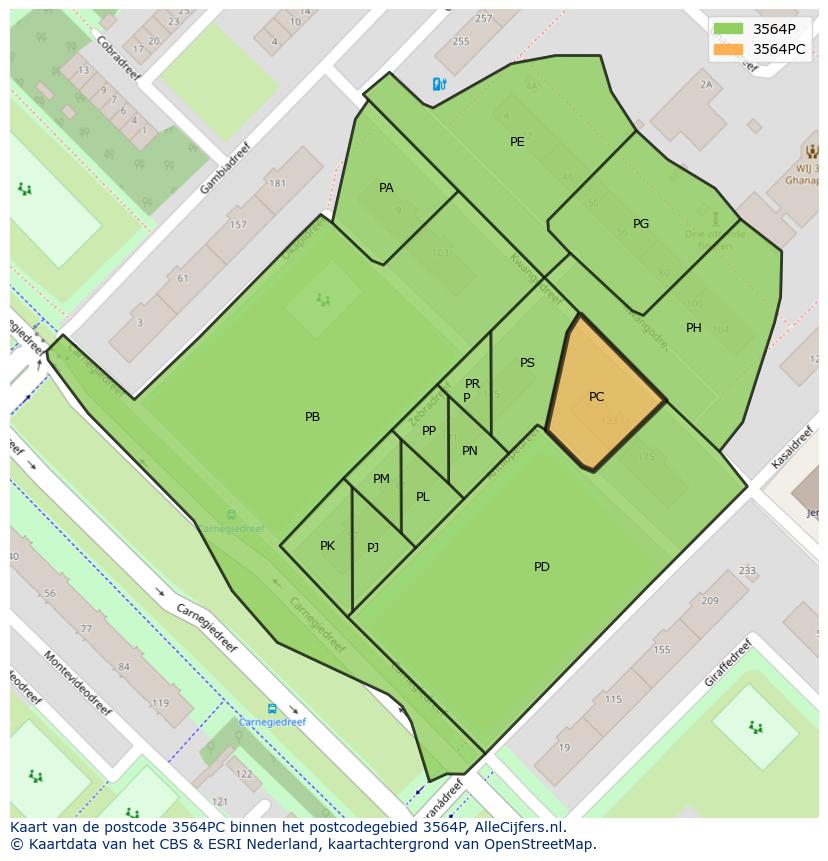 Afbeelding van het postcodegebied 3564 PC op de kaart.