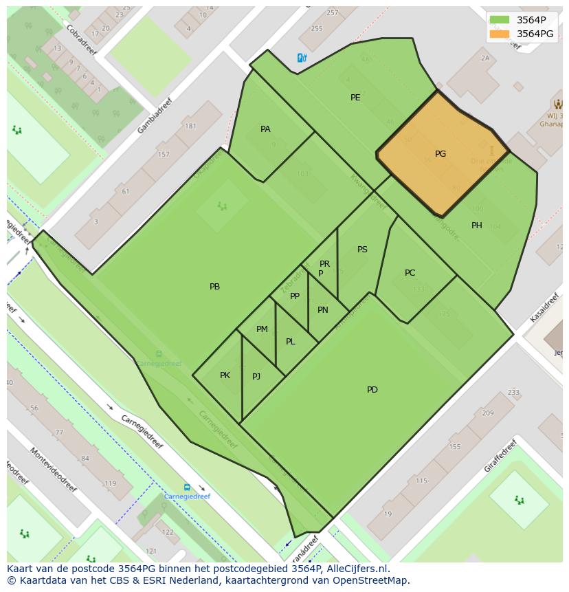 Afbeelding van het postcodegebied 3564 PG op de kaart.