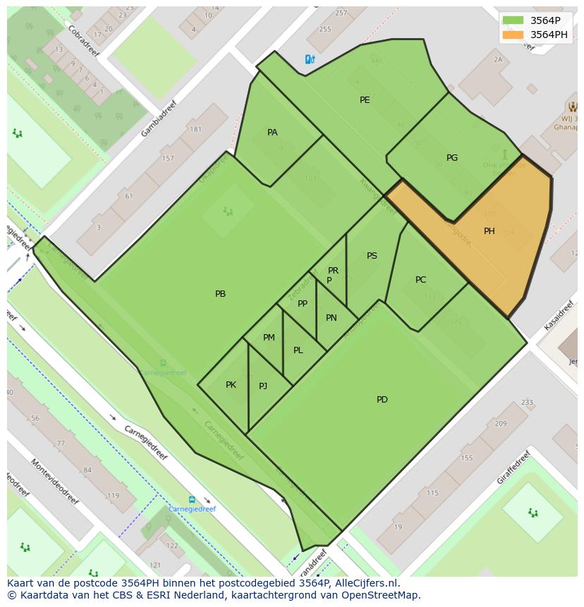 Afbeelding van het postcodegebied 3564 PH op de kaart.
