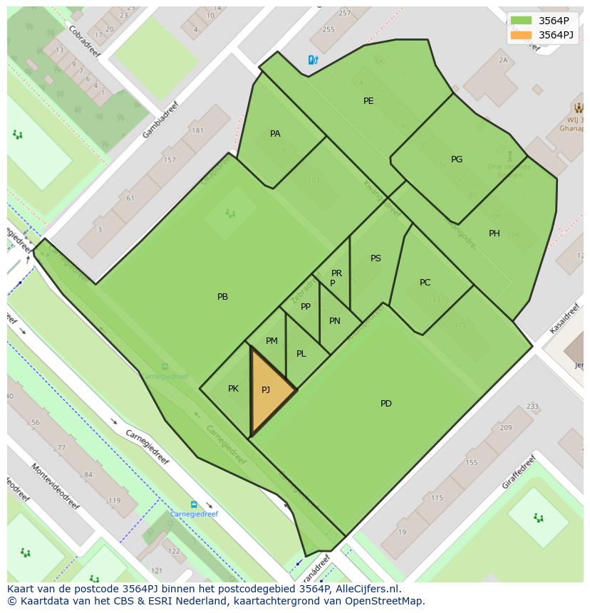Afbeelding van het postcodegebied 3564 PJ op de kaart.