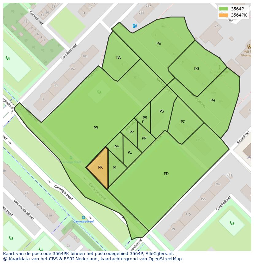 Afbeelding van het postcodegebied 3564 PK op de kaart.