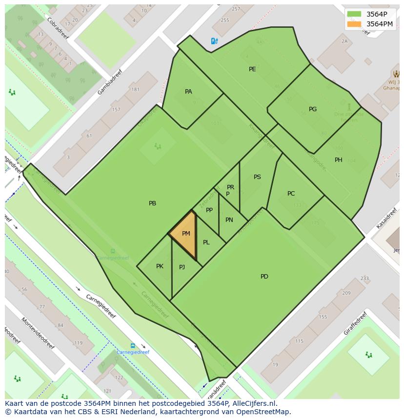 Afbeelding van het postcodegebied 3564 PM op de kaart.