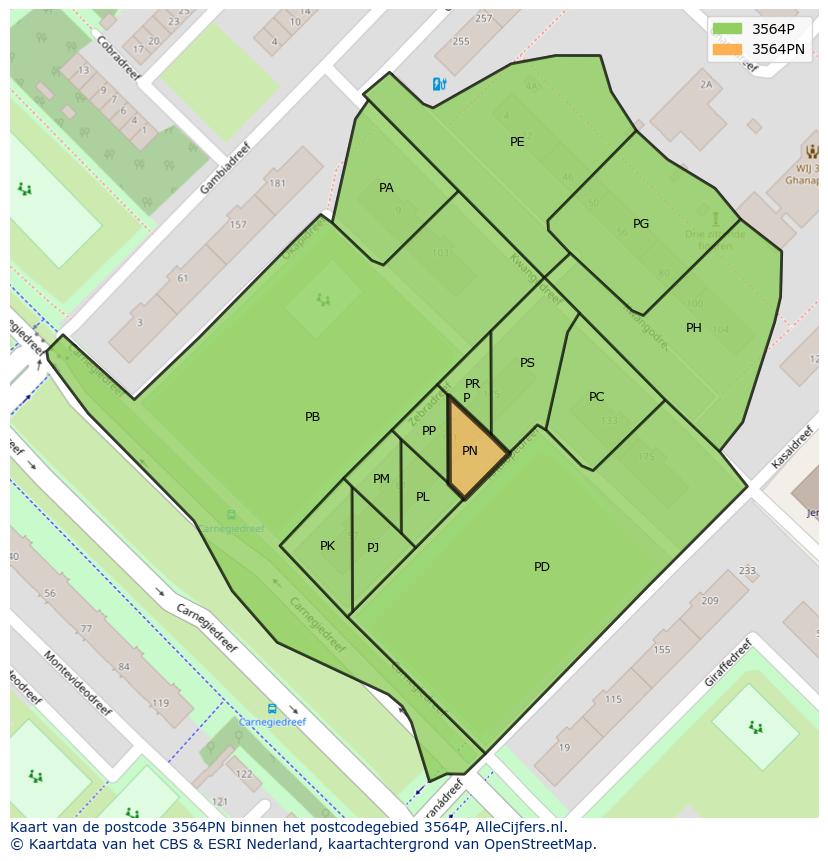 Afbeelding van het postcodegebied 3564 PN op de kaart.