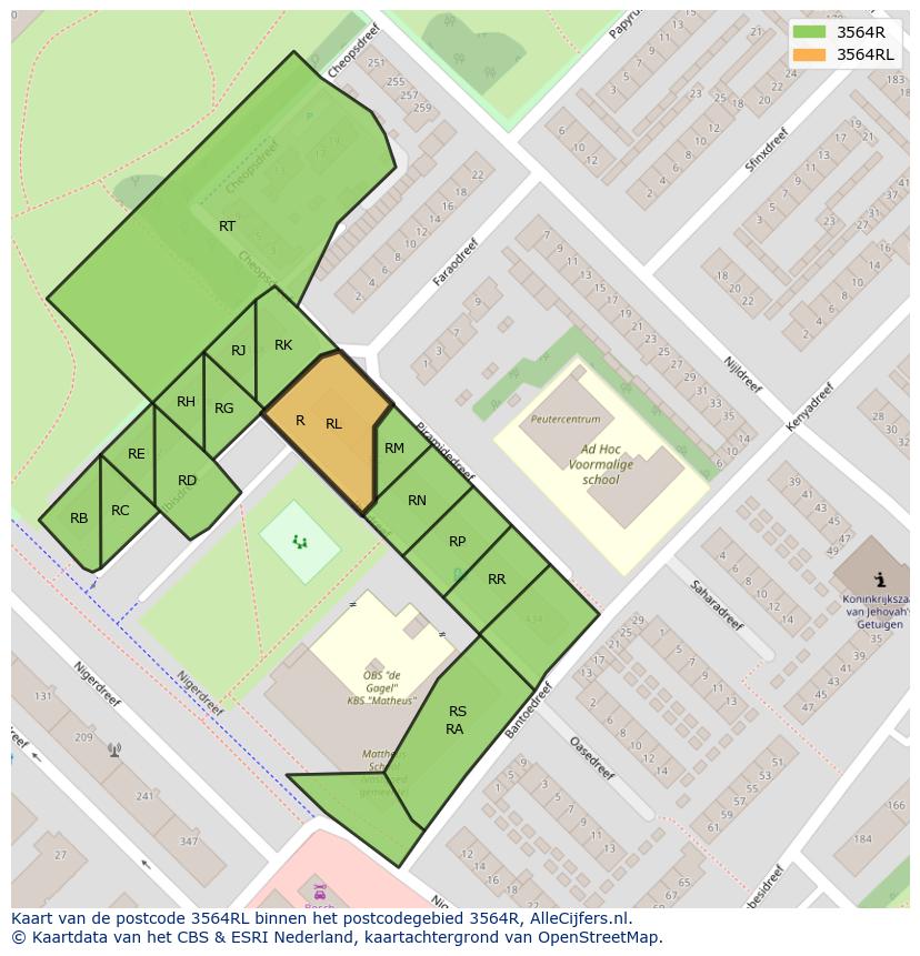 Afbeelding van het postcodegebied 3564 RL op de kaart.