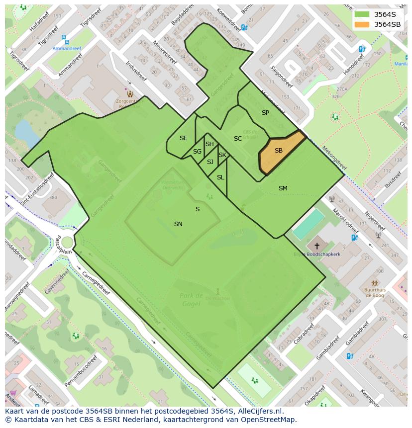 Afbeelding van het postcodegebied 3564 SB op de kaart.