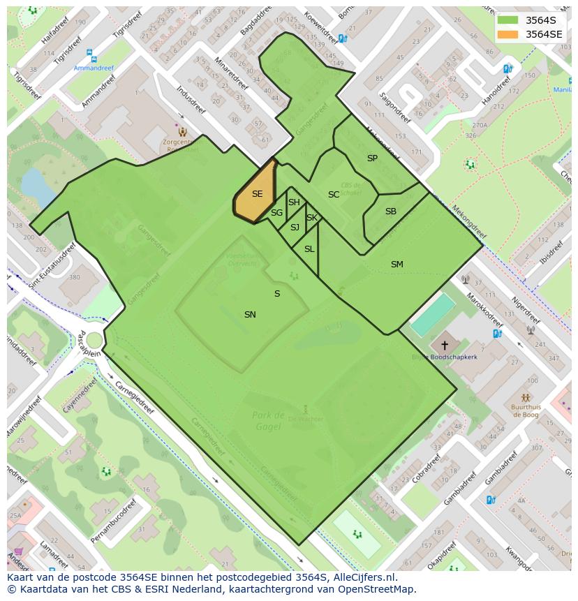 Afbeelding van het postcodegebied 3564 SE op de kaart.