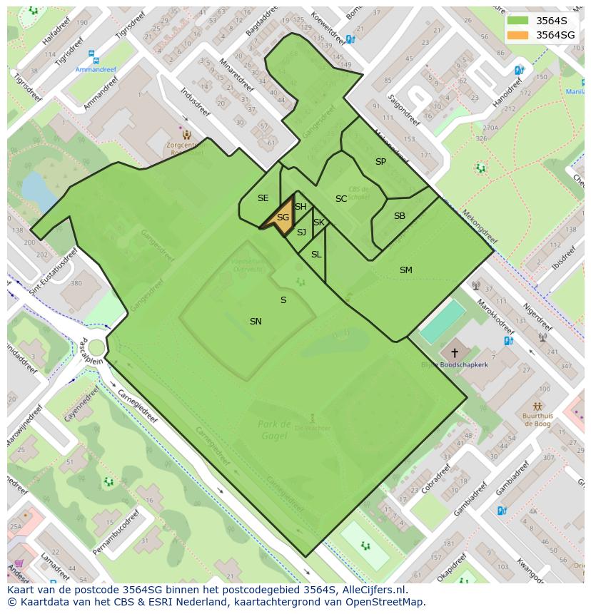 Afbeelding van het postcodegebied 3564 SG op de kaart.