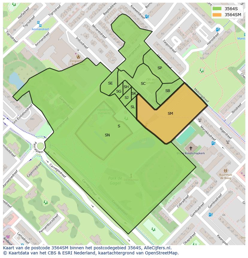 Afbeelding van het postcodegebied 3564 SM op de kaart.
