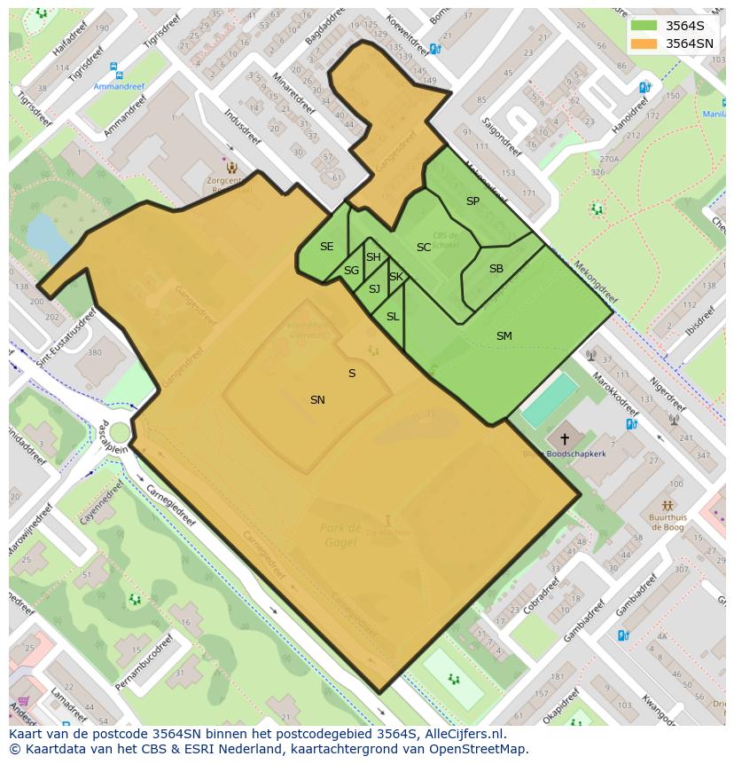 Afbeelding van het postcodegebied 3564 SN op de kaart.