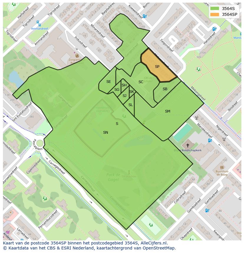 Afbeelding van het postcodegebied 3564 SP op de kaart.