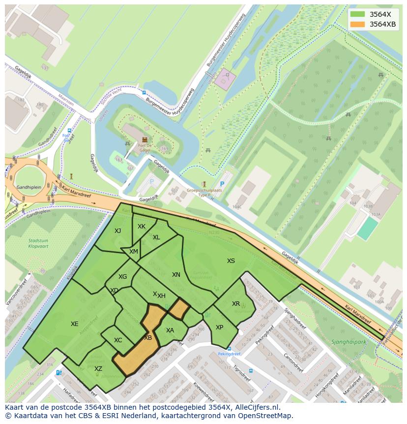 Afbeelding van het postcodegebied 3564 XB op de kaart.