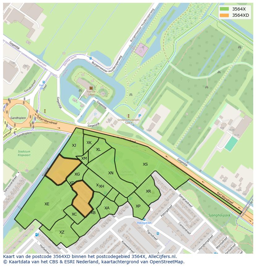 Afbeelding van het postcodegebied 3564 XD op de kaart.