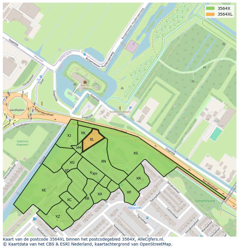 Afbeelding van het postcodegebied 3564 XL op de kaart.