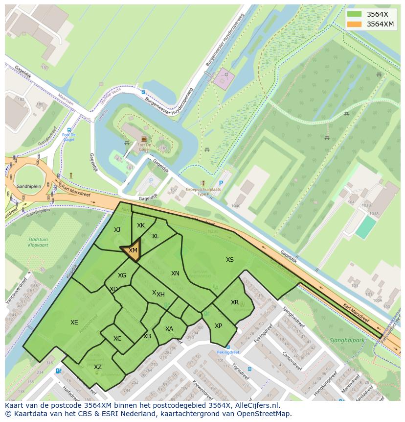 Afbeelding van het postcodegebied 3564 XM op de kaart.