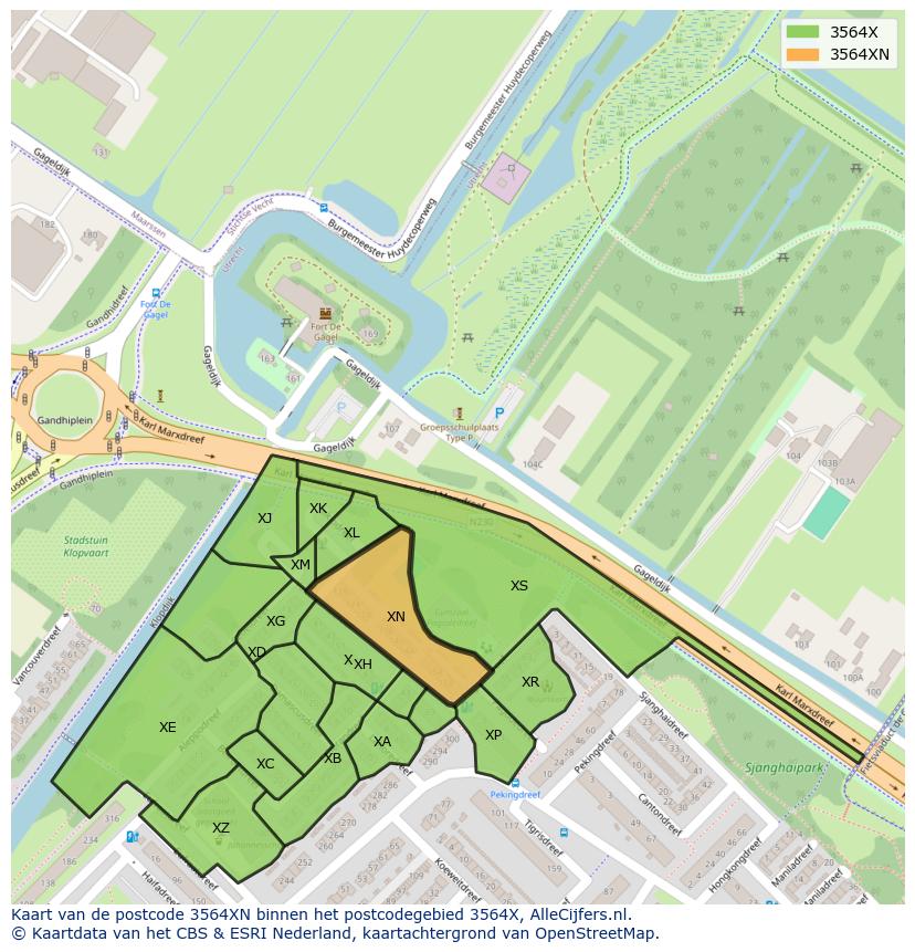 Afbeelding van het postcodegebied 3564 XN op de kaart.