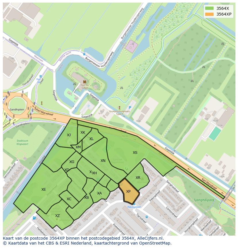 Afbeelding van het postcodegebied 3564 XP op de kaart.