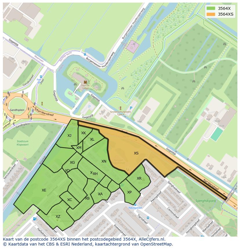 Afbeelding van het postcodegebied 3564 XS op de kaart.