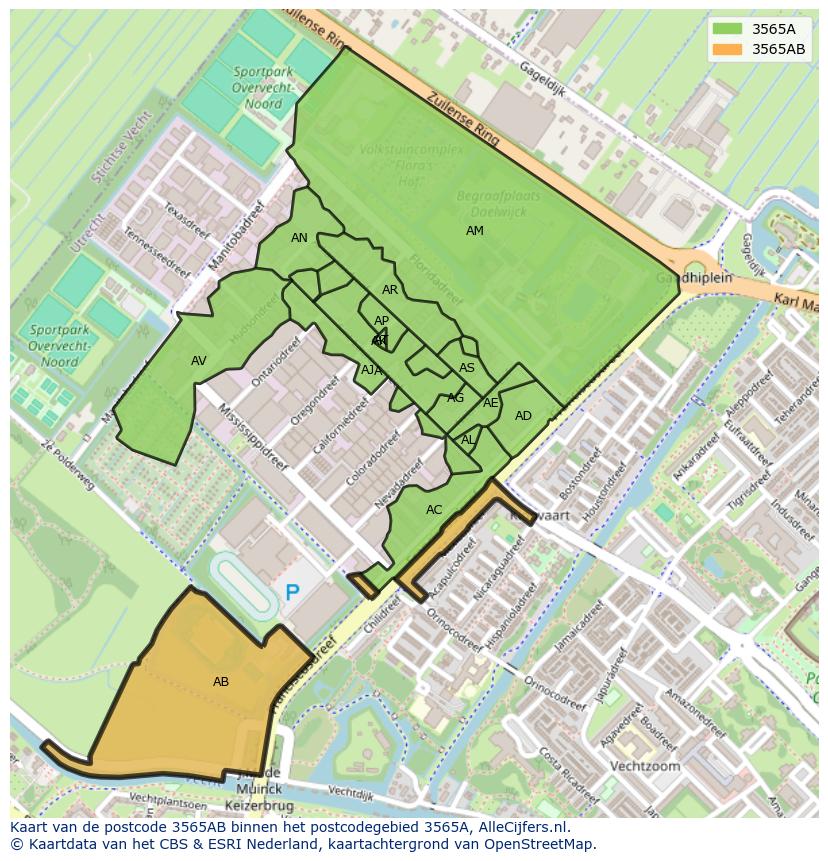 Afbeelding van het postcodegebied 3565 AB op de kaart.