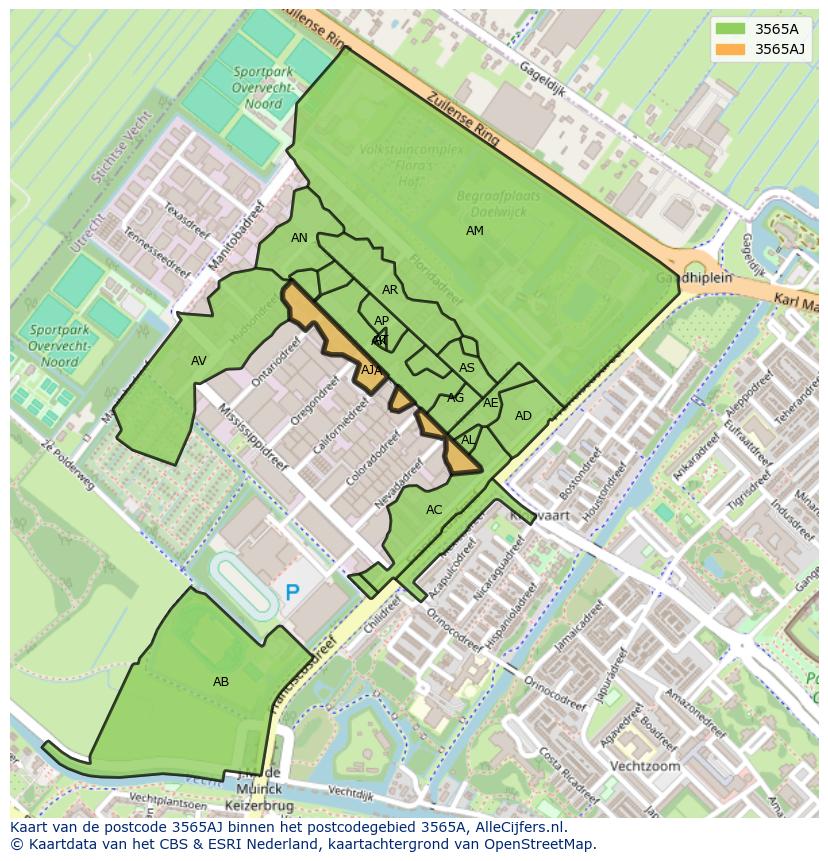 Afbeelding van het postcodegebied 3565 AJ op de kaart.