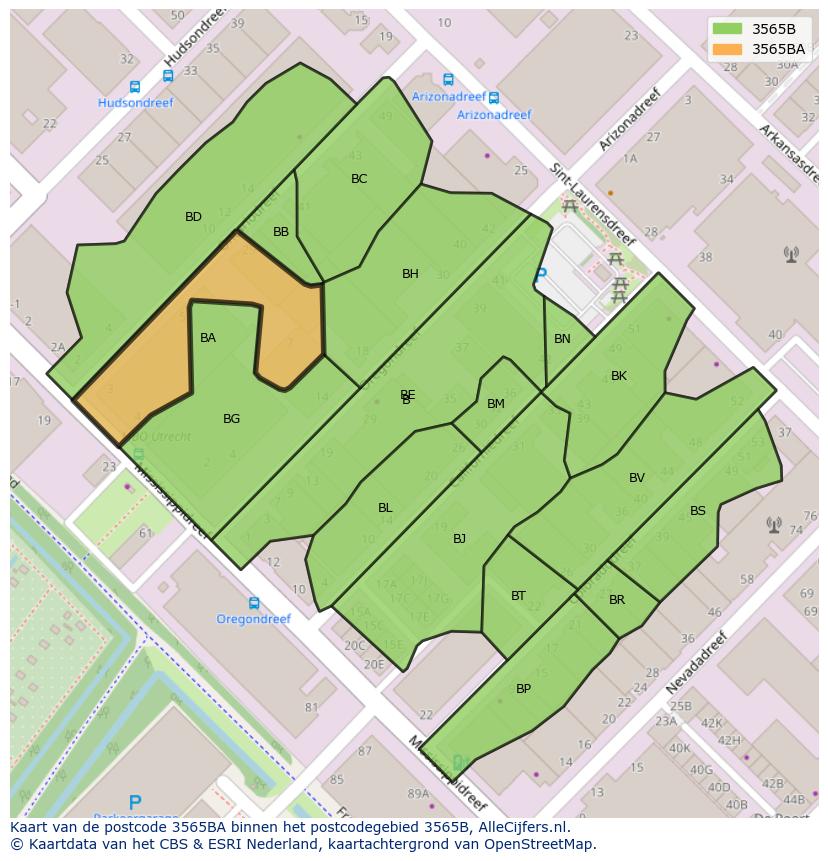 Afbeelding van het postcodegebied 3565 BA op de kaart.