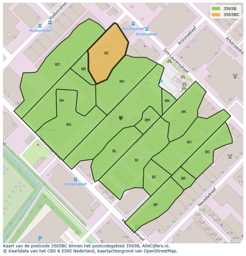 Afbeelding van het postcodegebied 3565 BC op de kaart.