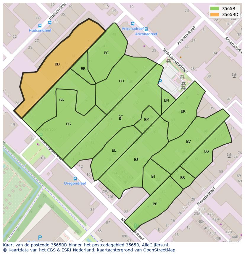 Afbeelding van het postcodegebied 3565 BD op de kaart.