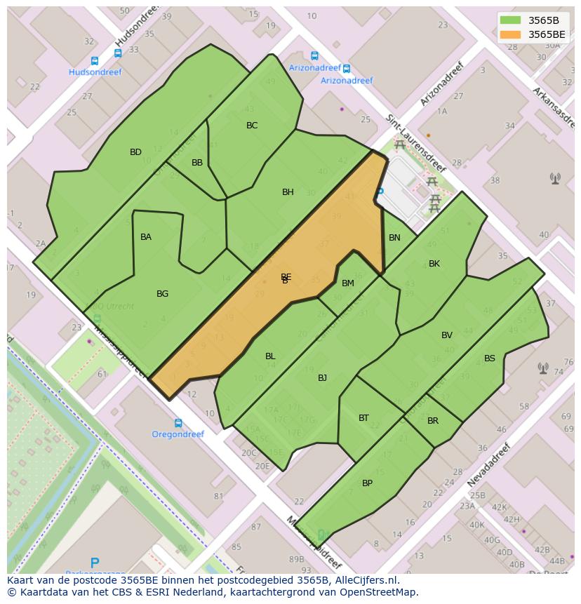 Afbeelding van het postcodegebied 3565 BE op de kaart.