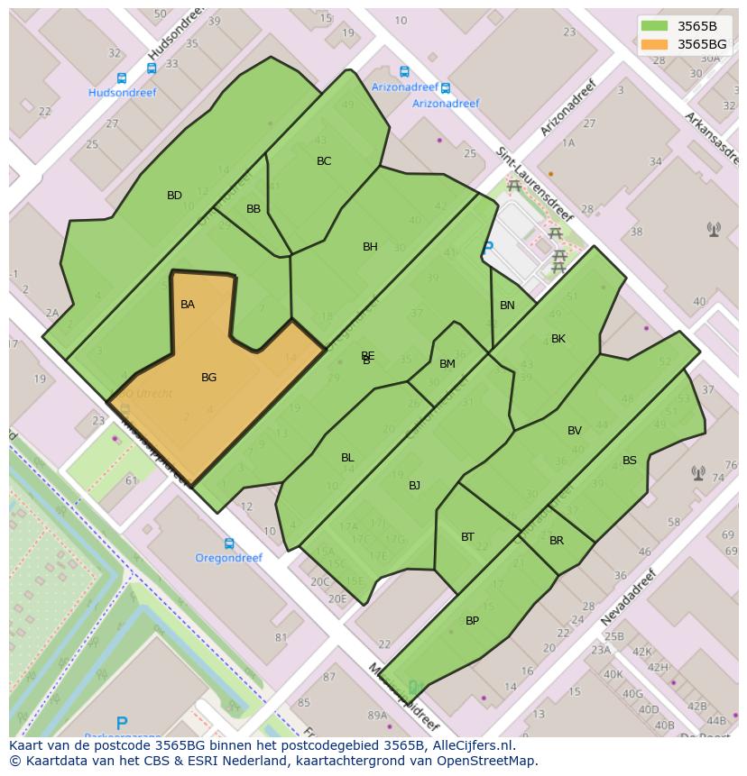 Afbeelding van het postcodegebied 3565 BG op de kaart.