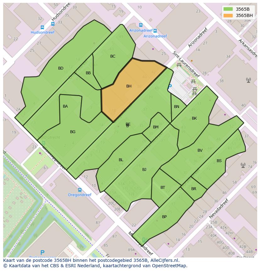 Afbeelding van het postcodegebied 3565 BH op de kaart.