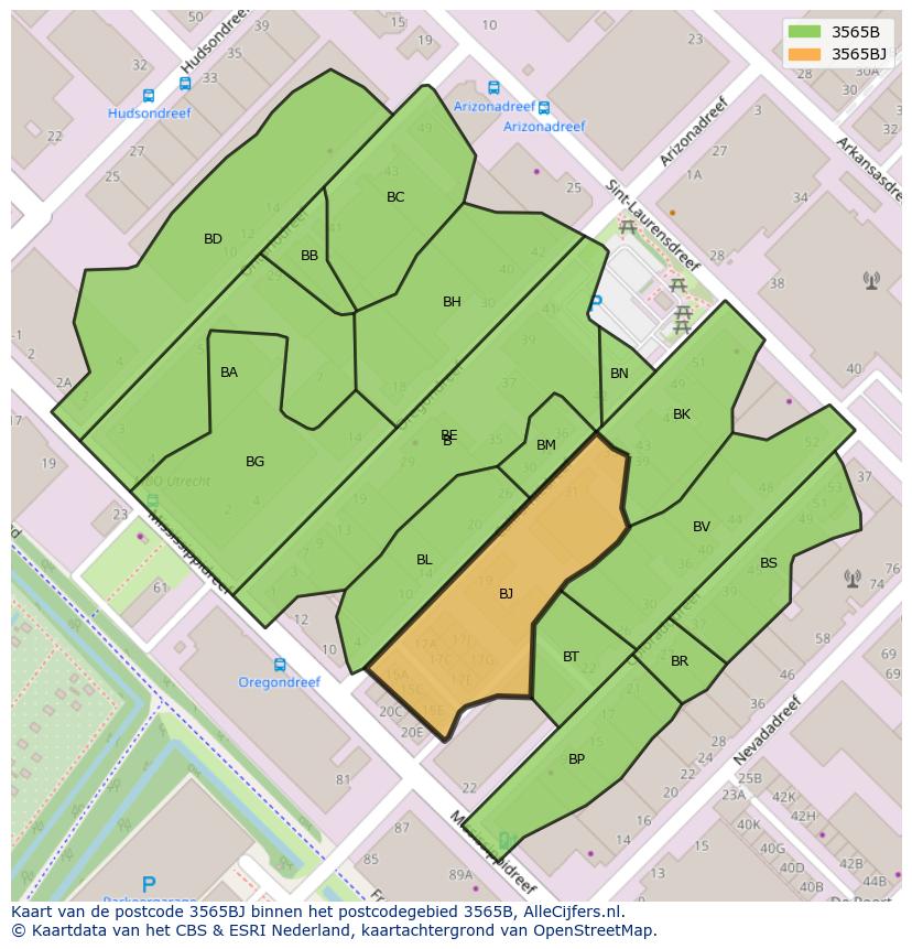 Afbeelding van het postcodegebied 3565 BJ op de kaart.