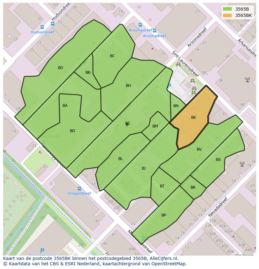 Afbeelding van het postcodegebied 3565 BK op de kaart.
