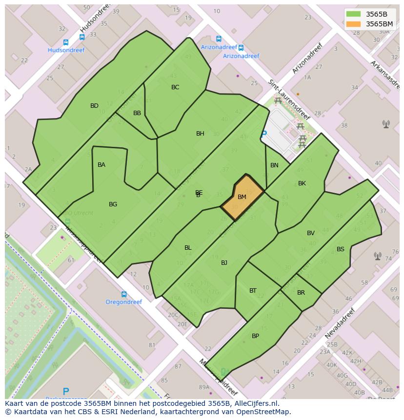 Afbeelding van het postcodegebied 3565 BM op de kaart.