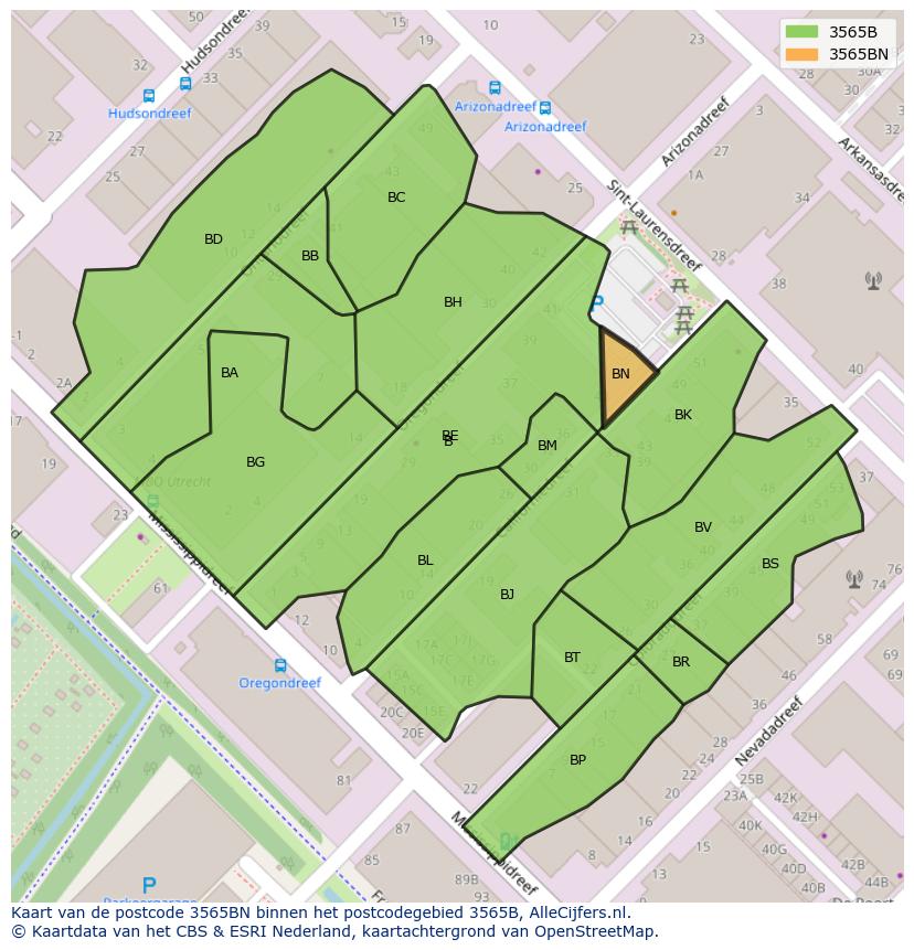 Afbeelding van het postcodegebied 3565 BN op de kaart.