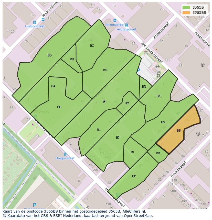 Afbeelding van het postcodegebied 3565 BS op de kaart.
