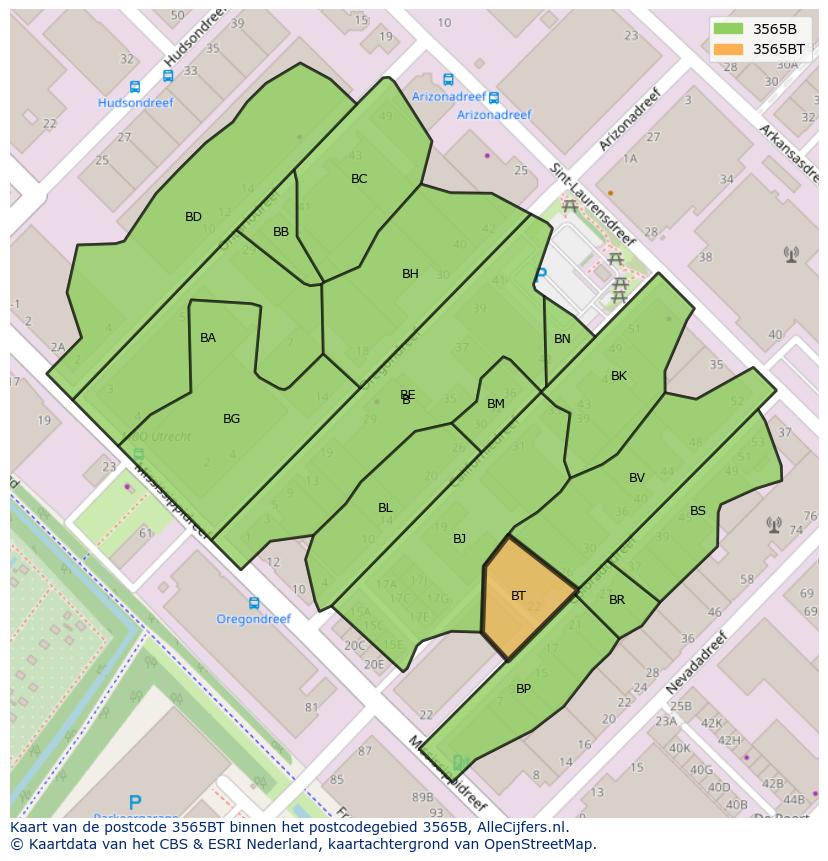 Afbeelding van het postcodegebied 3565 BT op de kaart.
