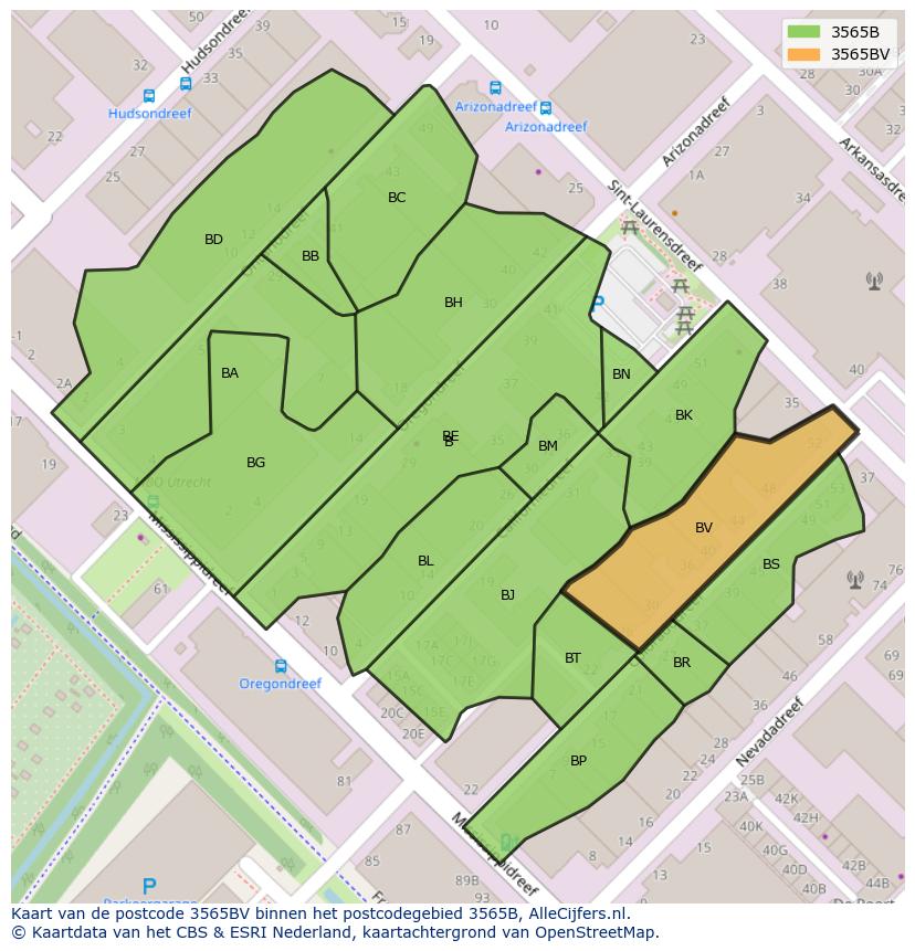 Afbeelding van het postcodegebied 3565 BV op de kaart.