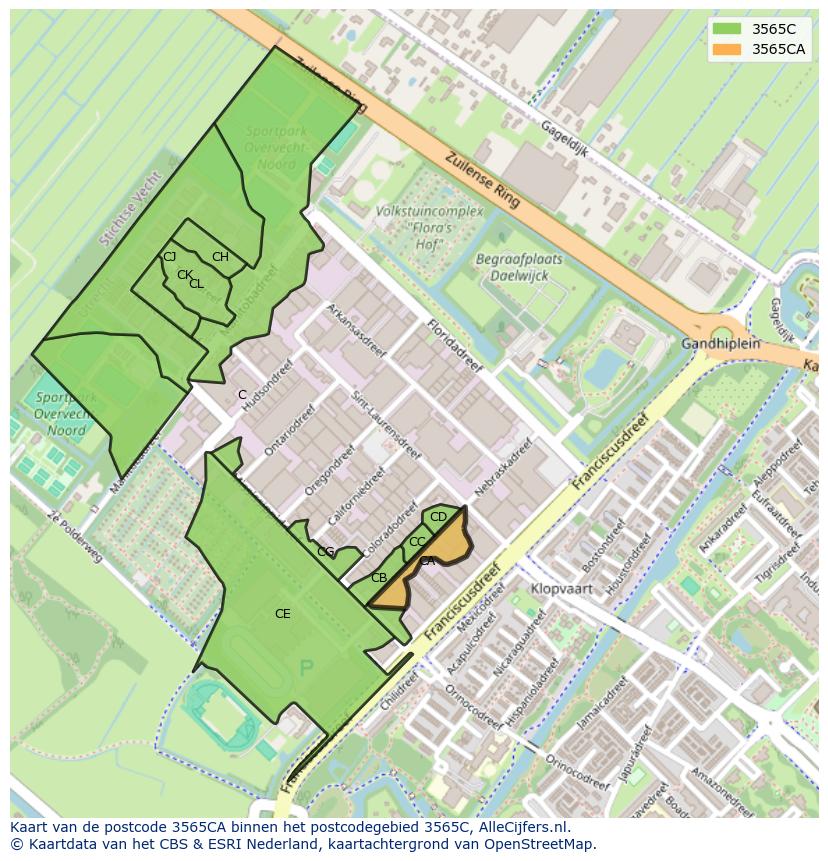 Afbeelding van het postcodegebied 3565 CA op de kaart.