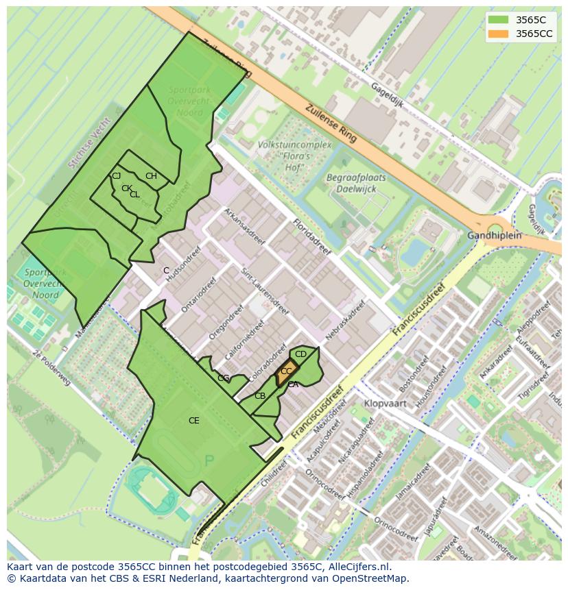 Afbeelding van het postcodegebied 3565 CC op de kaart.
