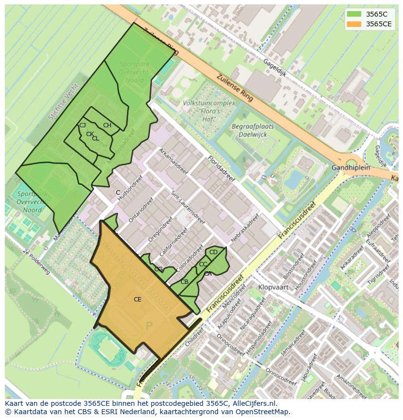 Afbeelding van het postcodegebied 3565 CE op de kaart.